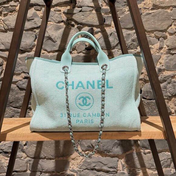 Chanel Turquoise Woven Straw Large Deauville Shopping Tote Bag - Picture 1 of 16